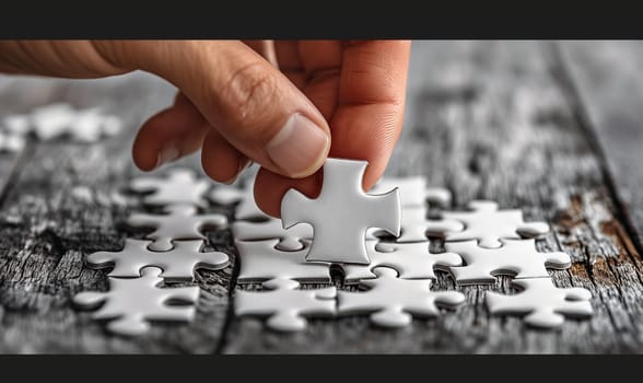 Close-up of a hand placing a puzzle piece. Selective focus.