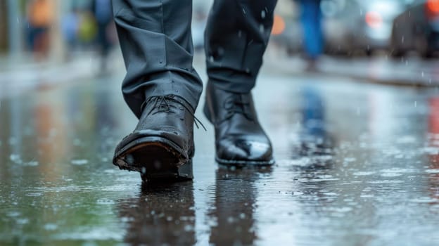 The picture of the person is working as business person and walking to work in street while rain, the businessman require skill like management, negotiation, marketing and the communication. AIG43.
