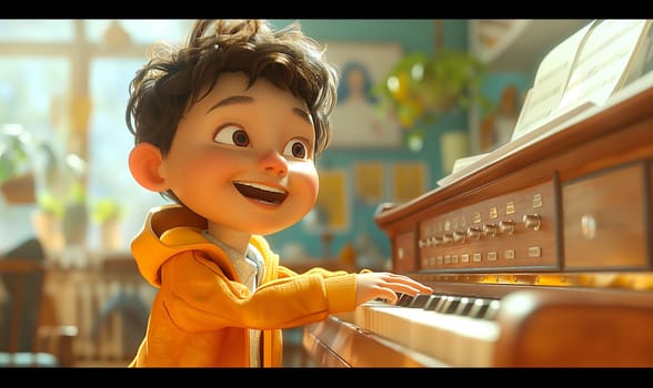 Cartoon, boy energetically playing the piano. Selective focus.