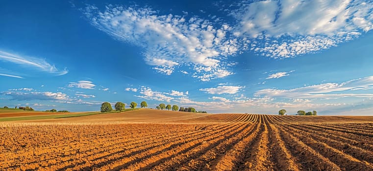 A landscape of a plowed field under a blue sky with scattered clouds
