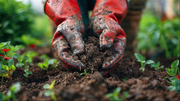 Close-up of a farmers hands wearing red gardening gloves, enriching the soil with homemade compost