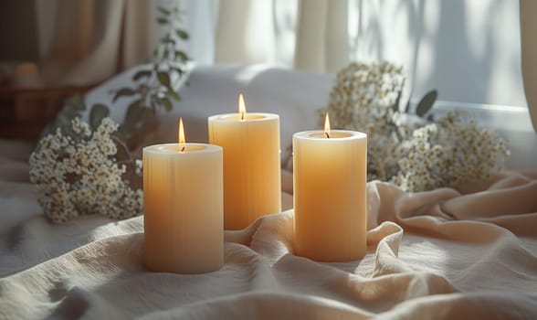 Group of White Candles on Table. Selective focus.
