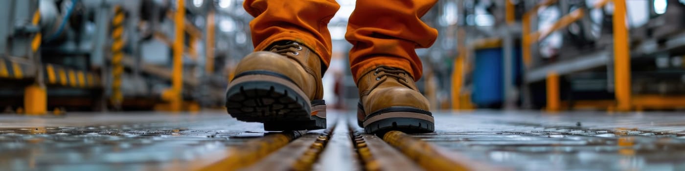 The close up picture view of the engineer is working inside the factory and focus on the boots, the engineer require skill like the technical experience, management and the communication skill. AIG43.