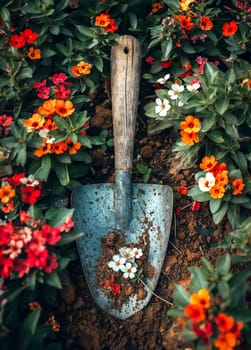 A worn garden shovel with a wooden handle lies surrounded by vibrant red and white flowers in a lush garden setting.