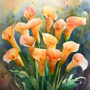 An art painting featuring a vibrant bunch of orange flowers with green leaves, showcasing the beauty of terrestrial plants in a natural landscape
