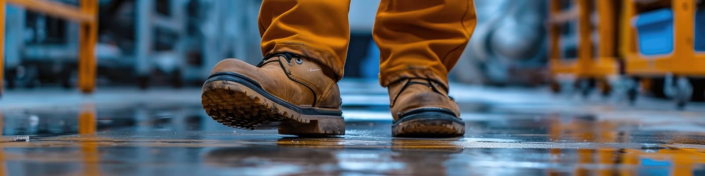 The close up picture view of the engineer is working inside the factory and focus on the boots, the engineer require skill like the technical experience, management and the communication skill. AIG43.