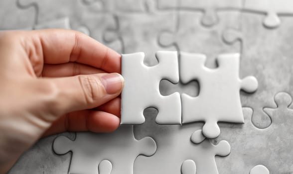 Close-up of a hand placing a puzzle piece. Selective focus.