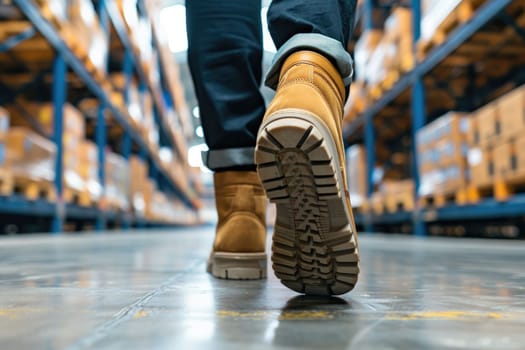 The close up picture of the worker is walking inside the factory warehouse while wearing the safety shoes, the factory worker require skill like technical knowledge, safety awareness, strength. AIG43.