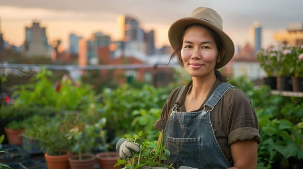 The picture of the gardener working on the rooftop inside the urban area about gardening the vegetable garden, the gardener require skill like soil management, plant knowledge and pest control. AIG43.