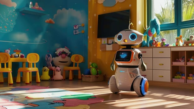 The picture of the robot is standing alone inside the room that has been filled with toy for children, the childcare require skill like Patience, Communication, Creativity and safety awareness. AIG43.