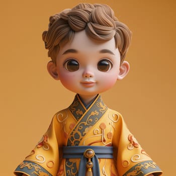 Cartoon, 3D boy in national traditional Asian attire. Selective focus.