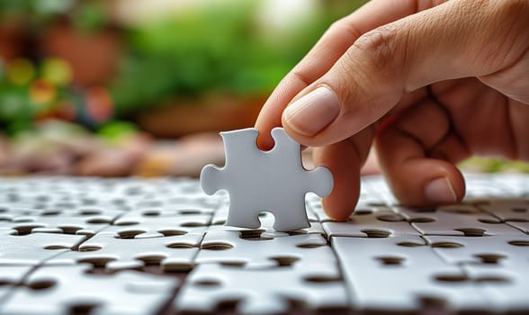 Close-up of a hand placing a puzzle piece. Selective focus.