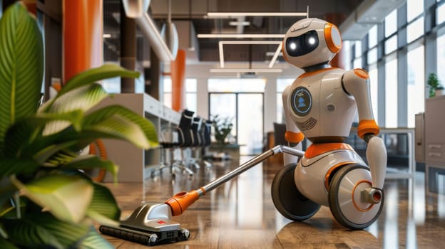 The picture of the robot that working as vacuum cleaner inside the indoor building to clear and clean the floor, the cleaning is the type of the household chore require knowledge and detailed. AIG43.