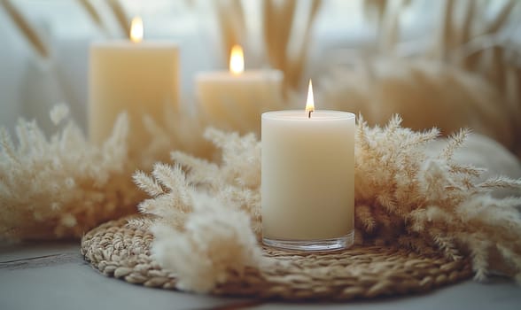 Group of White Candles on Table. Selective focus.