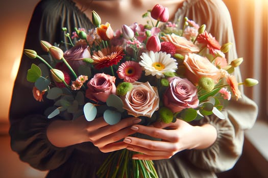 A woman holds a beautiful bouquet with roses, gerberas and tulips in her hands, close-up.