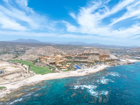 Aerial view of tropical beach with resorts in Cabo San Jose, Baja California Sur, Mexico