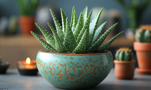Aloe vera plant with on table. Selective focus.