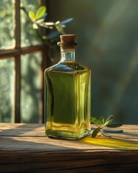 Bottle of Oil on Wooden Table Selective focus.