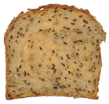 Square piece of wheat flour bread with flax seeds on isolated background, close up