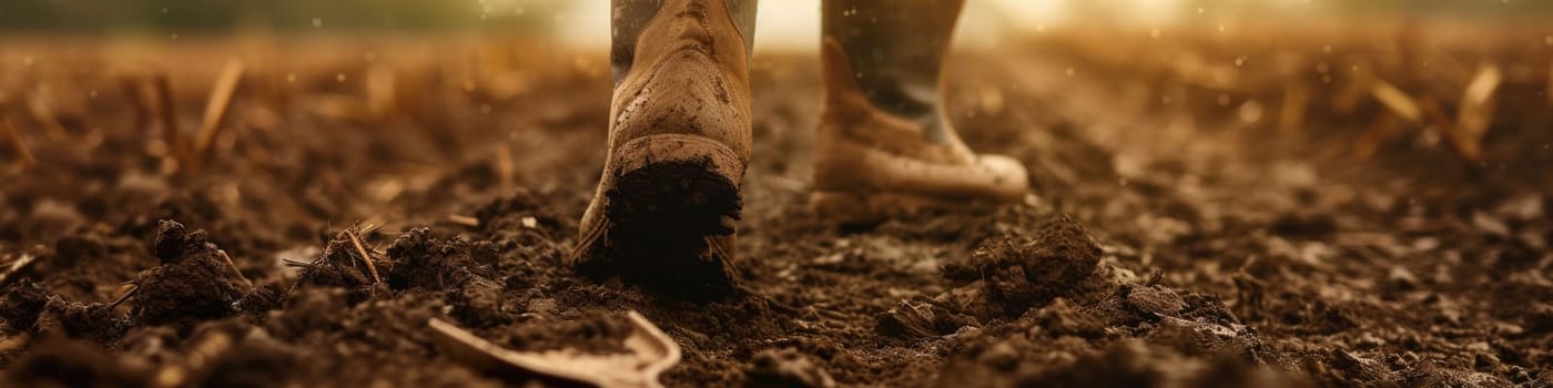 The close up picture of the farmer is walking inside the farm while wearing the dirty boots, the farmer require skill like soil knowledge, farm management, weather monitoring and the marketing. AIG43.