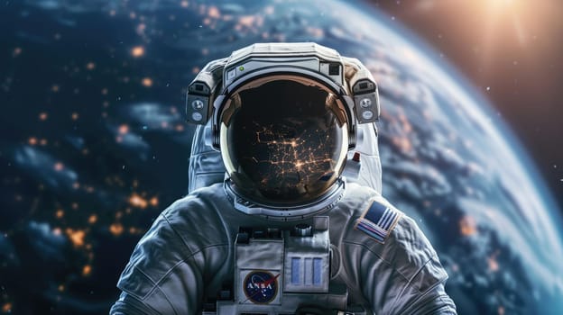 The picture of the astronaut flying in the space with the earth background, the spaceman must wear the space suit to protect the human body from the radiation, extreme temperature and pressure. AIG43.