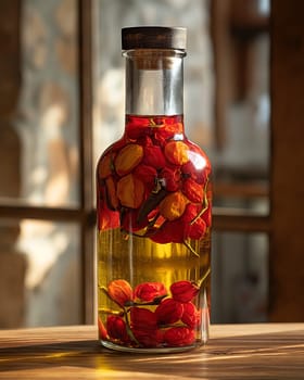 Chili-Infused Olive Oil in Glass Bottle. Selective focus.