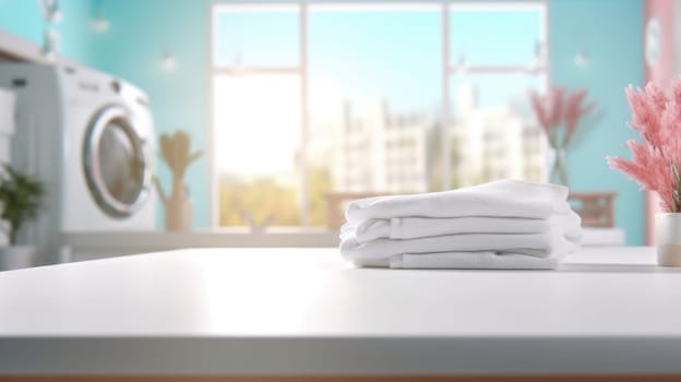 Folded towels on countertop with laundry machine in background. White towel on table in front of washing machine with blurred background. Home comfort and modern lifestyle for interior design. AIG35.