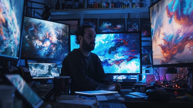 The picture of the digital artist is working inside his workshop that has surrounded with computer monitor, the digital artist require skill like creativity, experience and drawing technique. AIG43.