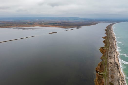 Aerial view of an incredibly long strip of land near Pomorie, Bulgaria