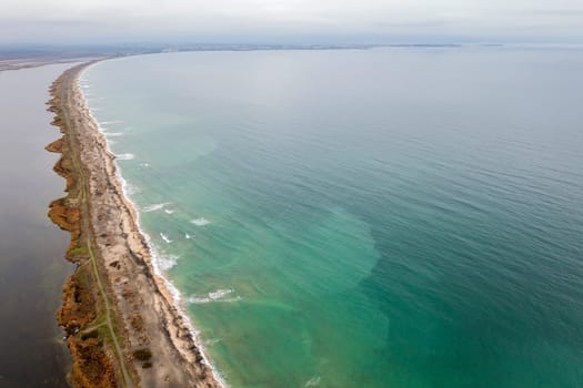 Aerial view of an incredibly long strip of land near Pomorie, Bulgaria