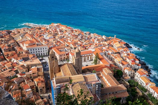 Aerial view of Cefalu and cathedral in Sicily, Italy