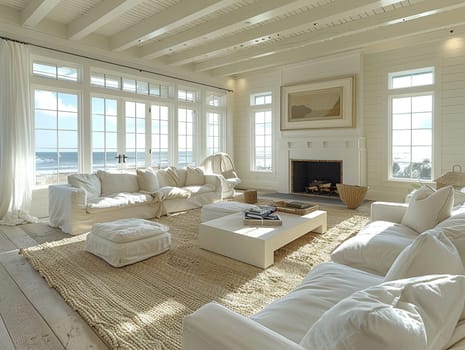 Airy beach house living room with white furniture and ocean views