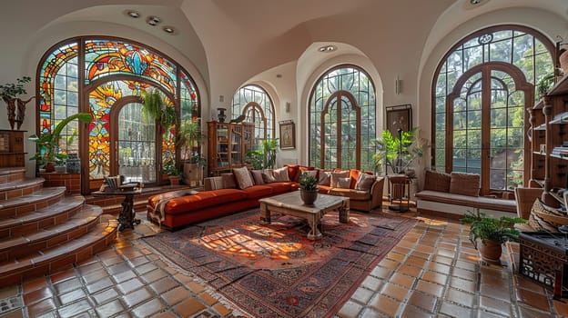 Art Nouveau inspired living room with organic lines and stained glass