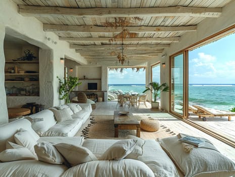 Airy beach house living room with white furniture and ocean views