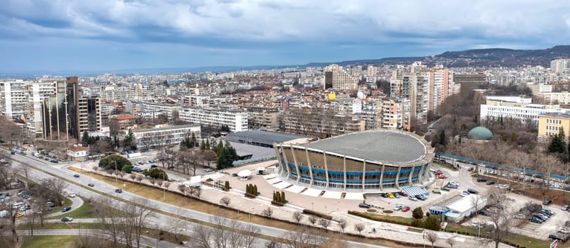 Palace of Culture and Sports in Varna, aerial city view. Bulgaria