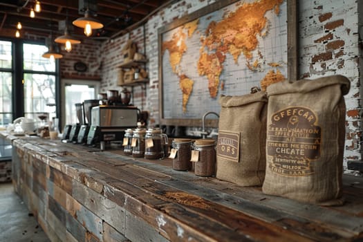 Artisan coffee roaster with exposed brick and burlap coffee bags