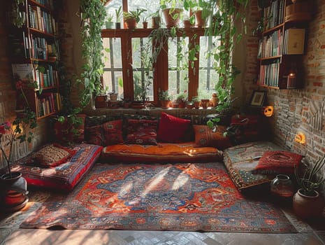 Bohemian reading nook with floor cushions, tapestries, and hanging plants
