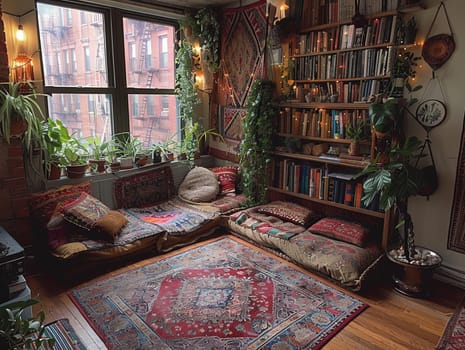 Bohemian reading nook with floor cushions, tapestries, and hanging plants