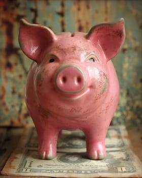 Old piggy bank for money on a vintage background. Selective focus.