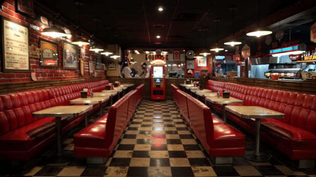 Classic American diner with red leather booths and a jukebox