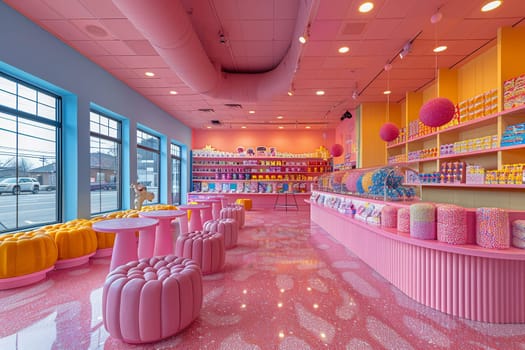 Colorful candy store with playful displays and bright, inviting colors