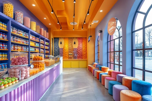 Colorful candy store with playful displays and bright, inviting colors