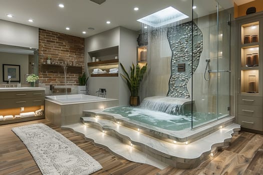 Contemporary bathroom with a glass-enclosed waterfall shower and ambient lighting