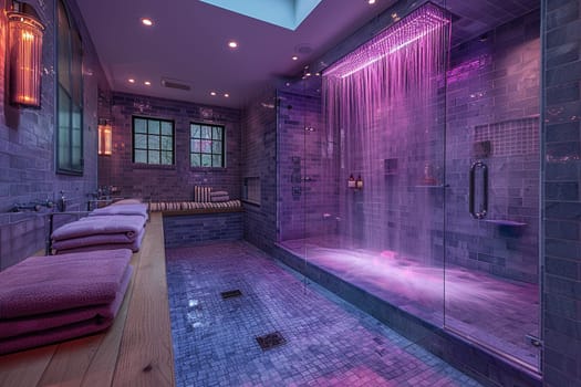 Contemporary bathroom with a glass-enclosed waterfall shower and ambient lighting