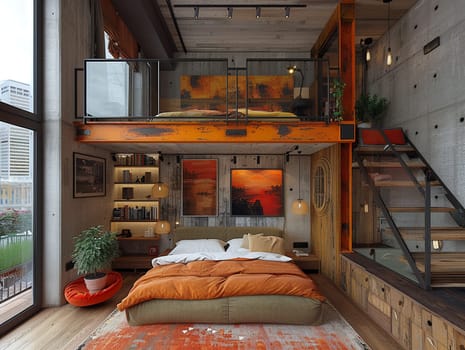 Contemporary loft bedroom with industrial accents and soft textiles