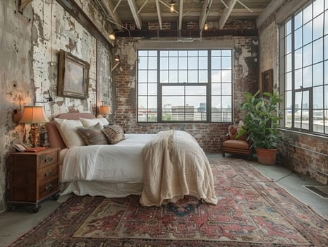 Contemporary loft bedroom with industrial accents and soft textiles