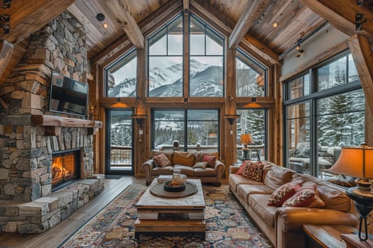 Cozy mountain cabin living room with a stone fireplace and wooden beams