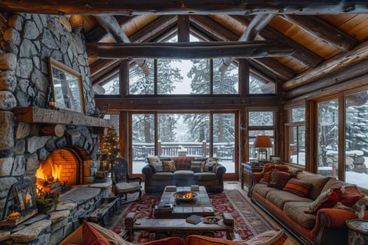 Cozy mountain cabin living room with a stone fireplace and wooden beams