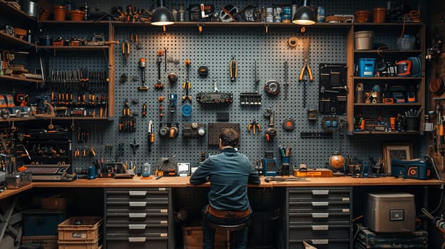 DIY maker's workshop with tools organized on pegboards