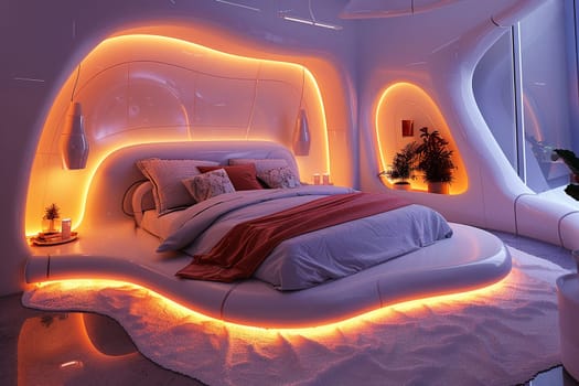 Futuristic bedroom with dynamic lighting and modular furniture